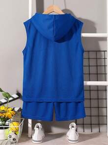 SHEIN Conjunto de moletom com capuz e shorts com estampa de letras para menino pré-adolescente (2 peças) - Azul Real - Ver 2
