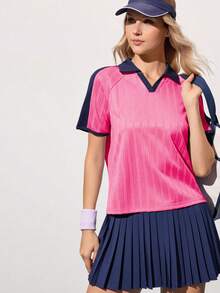 CourtClass CourtClass Women's Contrast Color Short Sleeve Tennis Shirt - Hot Pink - View 4