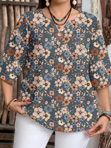 EMERY ROSE Casual Minimalist Style Vintage Ditsy Floral 3/4 Sleeve Shirt For Women, Suitable For Spring And Summer - Multicolor - View 5