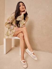 SHUZIA Ladies Elegant Woven PU Mary Jane Flats - Beige - View 7