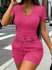 Rovax Women's V-Neck Solid Color Casual Short Sleeve T-Shirt And Shorts 2-Piece Set, Summer - Hot Pink - View 4