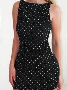 Turnttoni Polka Dot Sleeveless Ruched Waist Fitted Short Elegant Dress For Women, Spring/Summer Party - Black - View 3