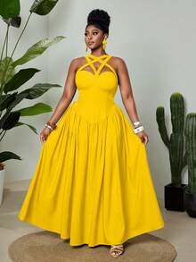 Maweii Đầm dáng suông không tay, dây mảnh, cổ lệch vai, không tay, dành cho nữ cỡ lớn, thanh lịch và gợi cảm, thích hợp cho mùa xuân/hè. - Màu vàng - Xem 1