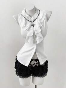 Sunspun Plus Size Women Ruffle Collar Open Front Double Frill Trim Cinched Waist Blouse - White - View 8