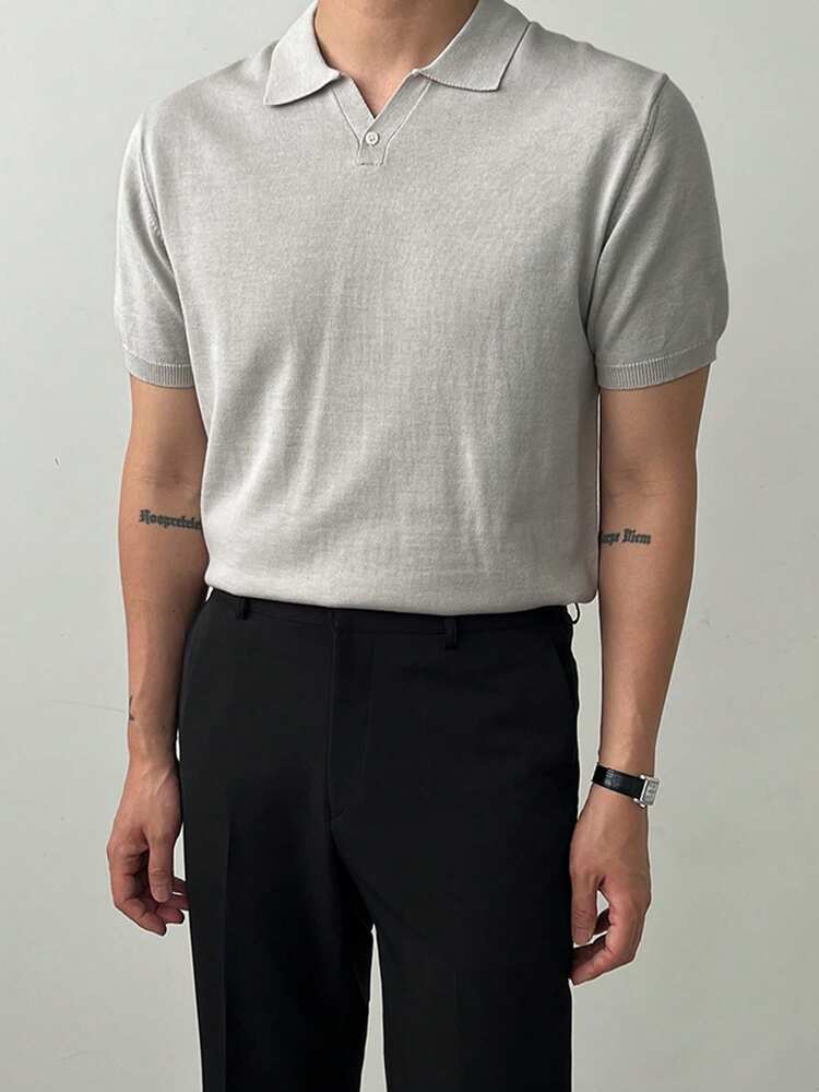 Men's Grey Polo Collar Short Sleeve Solid Color Knit Top, Commuting