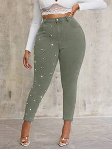 SHEIN SXY Plus Size Pearl Decor Stretchy Green Denim Skinny Pants Formal Holiday Spring Casual - Army Green - View 5