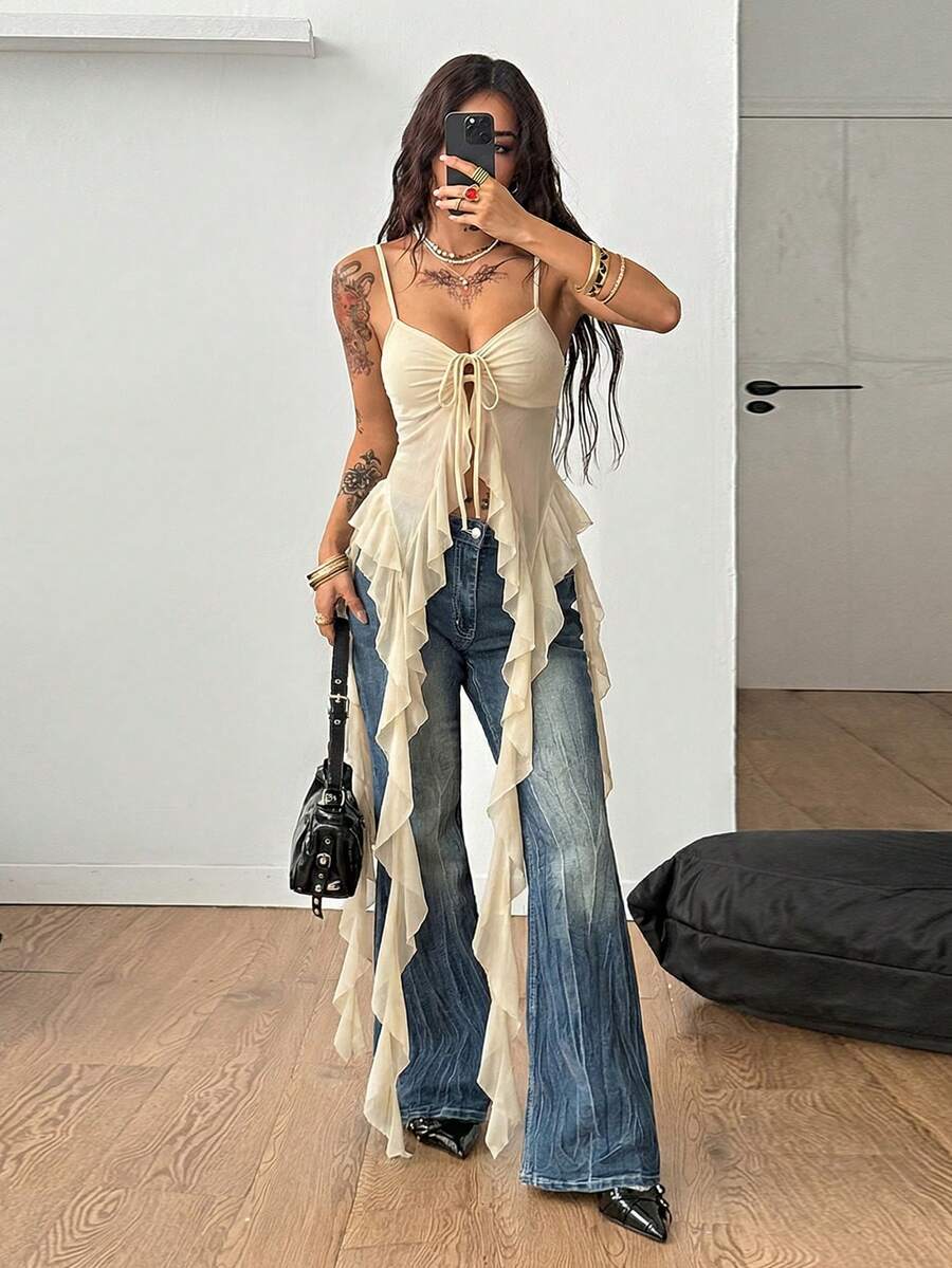 Coolane Women's Apricot Summmer Seductive Party Night Mesh Fairycore Tank Tops,Y2K Music Festival Streetwear Ruffle Fringe Sleeveless Stretchy Long Top - Apricot - View 1