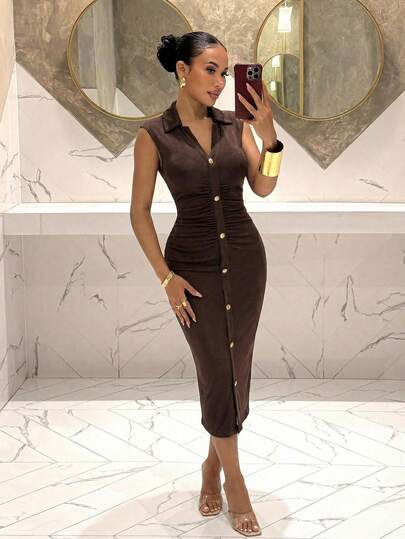 Slaydiva New Early Spring, Spring And Summer Music Festival, Valentine's Day, Easter, Wedding Season, Holiday Season, Casual And Elegant, Commuting, Daily Wear, Work Wear, Vacation, Party, Cruise, Party, Basic, Daily Date, Polo Collar, Lapel, V-Neck, False Front Opening, Metal Buckle Decoration, Sleeveless, Middle Pleated, Body-Hugging Dress, Brown Dress, Slimming Dress, Glitter Knitted Fabric, Women's Mid-Length Dress -Z,Summer Dresses For Women