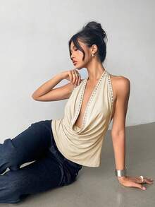 Aloruh Sexy Draped Collar Studded Backless Halter Top,Summer Top - Beige - View 5