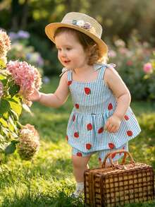 SHEIN Playful Pals 2件套女婴幼儿/新生儿0-3岁休闲日常可爱度假条纹蝴蝶结装饰吊带背心+短裤套装，春夏款 - 藍色 - 查看 3