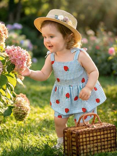 SHEIN Playful Pals 2 st babyflicka småbarn/nyfödd 0-3 år casual vardag söt semester randig rosettdekor linne topp + shorts set, vår/sommar