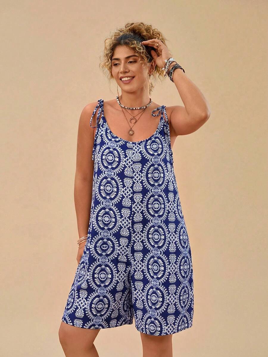 Travachic Plus Size Casual Vacation Floral Print Red Tie-Up Loose Strap Dress For Women - Blue and White - View 1