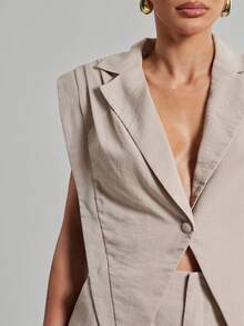 SHEIN Haute Áo liền quần không tay kiểu vest - Màu Khaki - Xem 4