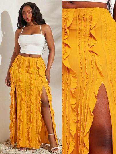 SHEIN SXY Yellow High-Elastic Knitted Ruffled Textured Fabric, Double-Slit High-Waist Long Skirt.Spring/Summer Casual Vacation Bohemian Elegant Suitable For Everyday Wear, Music Festival, Concert, Carnival Party, Beach Vacation, Date Night, Birthday, Bachelorette Party, Club, Cute, Casual, Shopping, Street Wear, Going Out, Easy To Match & Looks Slim, Accent Your Body, Flatter The Figure