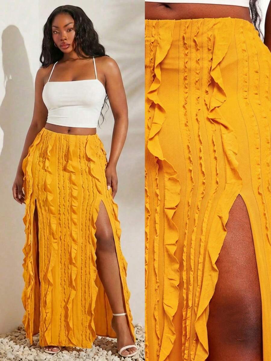 SHEIN SXY Yellow High-Elastic Knitted Ruffled Textured Fabric, Double-Slit High-Waist Long Skirt.Spring/Summer Casual Vacation Bohemian Elegant Suitable For Everyday Wear, Music Festival, Concert, Carnival Party, Beach Vacation, Date Night, Birthday, Bachelorette Party, Club, Cute, Casual, Shopping, Street Wear, Going Out, Easy To Match & Looks Slim, Accent Your Body, Flatter The Figure - Yellow - View 1