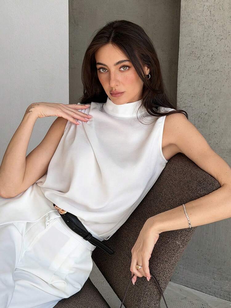 Women's Casual Solid Color Pleated Collar Sleeveless Shirt, Summer