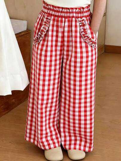 Pantalones rectos de estilo coreano para niña, patrón de cuadros rojos y blancos clásico con filtro retro, volante en la cintura, diseño de cintura elástica, adecuado para jardín de infantes, salidas y uso diario