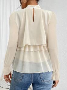 Firerie 女士夏秋宽松多层荷叶边不对称雪纺透视长袖杏色衬衫，适合毕业、教师、返校、度假、秋季、复古、职场等场合。 - 杏色 - 查看 2