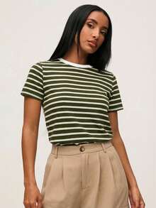 SHEIN BASICS 女款條紋印花圓領短袖休閒百搭T恤 夏季 - 軍綠色 - 查看 9