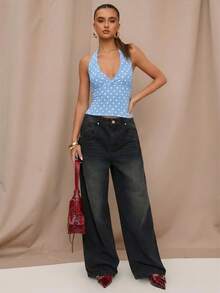 SHEIN BAE 黑色波点印花休闲露背上衣，适合早午餐、外出、约会、通勤、邮轮旅行、伊比沙岛度假等场合。 - 淺藍色 - 查看 3