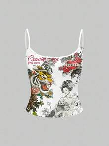 ROMWE Avant 性感朋克虎中国风音乐节书法虎竹标语玫瑰菊花女式背心 - 白色 - 查看 1