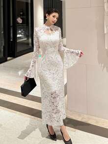 DAZY Đầm midi ren tay xòe màu trơn thanh lịch dành cho nữ. - trắng - Xem 3
