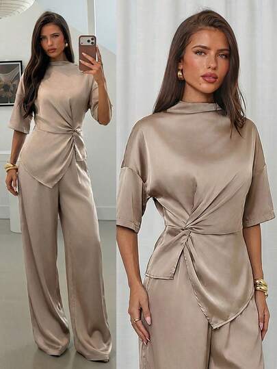Aloruh 2pcs Women's New Arrival Solid Brown Outfit, Chocolate Color Turtleneck Sleeveless Top With Twist Detail & Wide Leg Pants Set,Work Outfits For Women