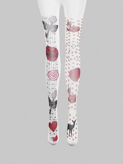 ROMWE Kawaii 1 đôi quần tất in hình động vật rừng cổ tích retro - Quần tất nữ in hình hươu và hải cẩu chấm bi, chất liệu mờ, phù hợp với phong cách thời trang Y2K, thích hợp mặc đi chơi, dự tiệc, mua sắm và chụp ảnh, v.v.