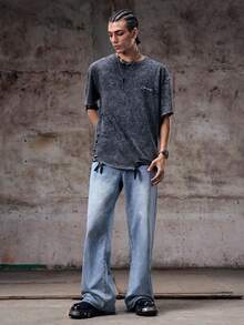Skyrend Men's Solid Color Wide Leg Denim Jeans With Slanted Pockets Baggy Long Washed Flare Jean Cargo Plain Light Blue Party Street Wear Rapper Street Going Out Hang Out College Sport - Light Wash - View 3
