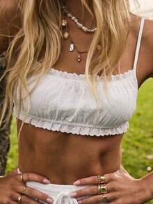 Aralina Summer Beach Vacation Resort Gingham Bralette And Short Set Wirh Lace Trim Country Concert Outfit, Country, Country Outfits Women Fall Stockholm Style - White - View 9