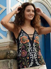 CAJUNI 女士V领印花休闲百搭约会派对吊带背心，波西米亚风女装，夏季上衣 - 黑色 - 查看 1