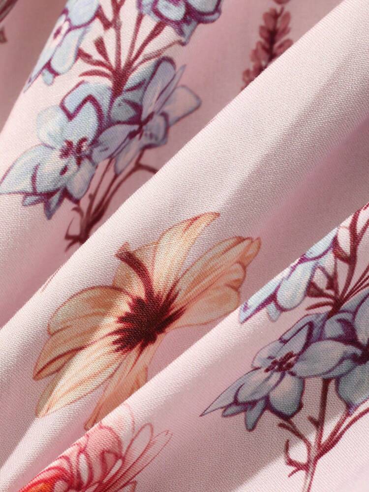 Floral Print Happy Puppy Patchwork Contrast Loose Women Robe