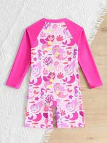 SHEIN Elladie kids 女童连体拉链美人鱼和海底世界印花长袖泳衣 - 玫紅色 - 查看 2