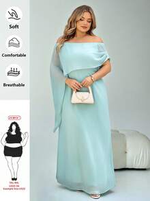 SHEIN CURVE+ 大码女装新款单肩船领连衣裙，单肩飘带设计，修身剪裁，生日礼服，派对礼服，百搭款式，绿色垂坠感超长鱼尾落地连衣裙 - 薄荷綠 - 查看 2