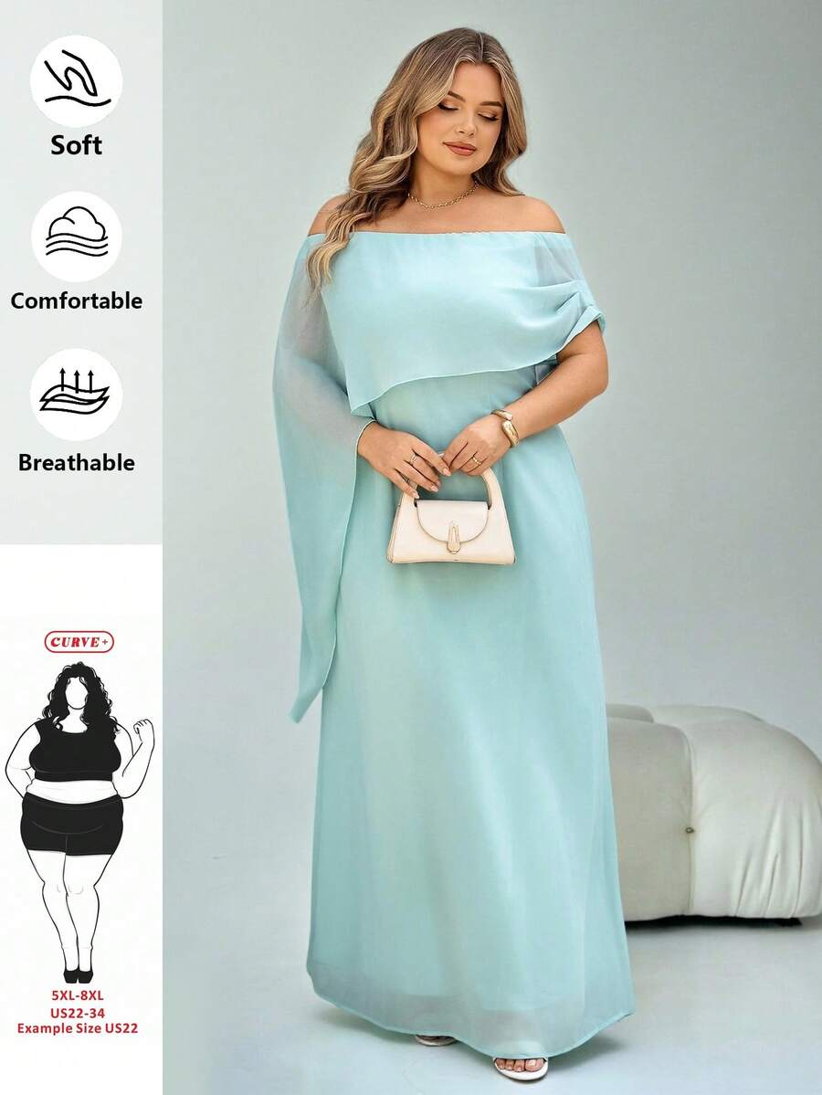 SHEIN CURVE+ 大码女装新款单肩船领连衣裙，单肩飘带设计，修身剪裁，生日礼服，派对礼服，百搭款式，绿色垂坠感超长鱼尾落地连衣裙