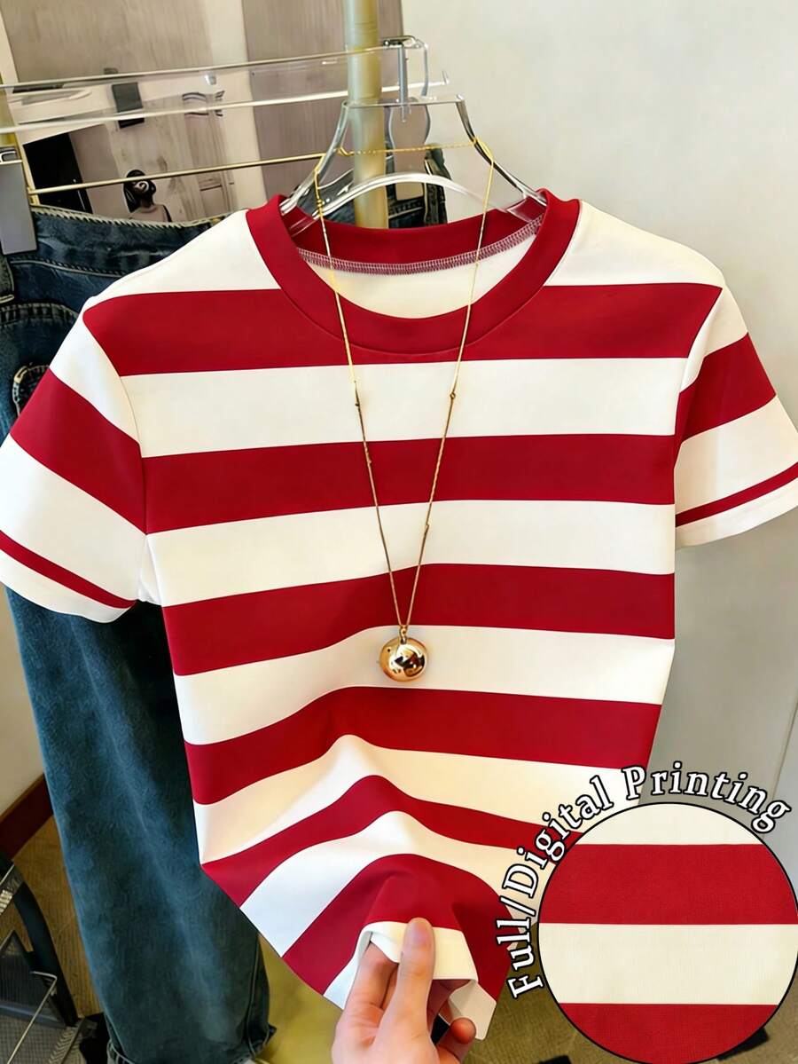 Camiseta de mujer de manga corta, cuello redondo y estampado de rayas, informal, para verano - Multicolor - Ver 1