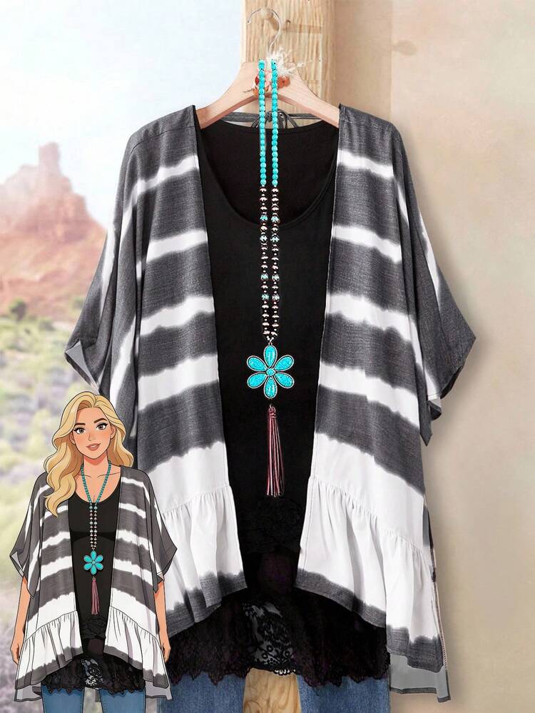 Plus Size Women's Summer Country Casual Loose Striped Tie-Dye Print Ruffle Hem Kimono Thin Outerwear,Summer Holiday,Vacation,Simple And Fashionable For Everyday Wear,Vacay Vibes,Springbreak,Casual Wear SS,Bohemia,Fall