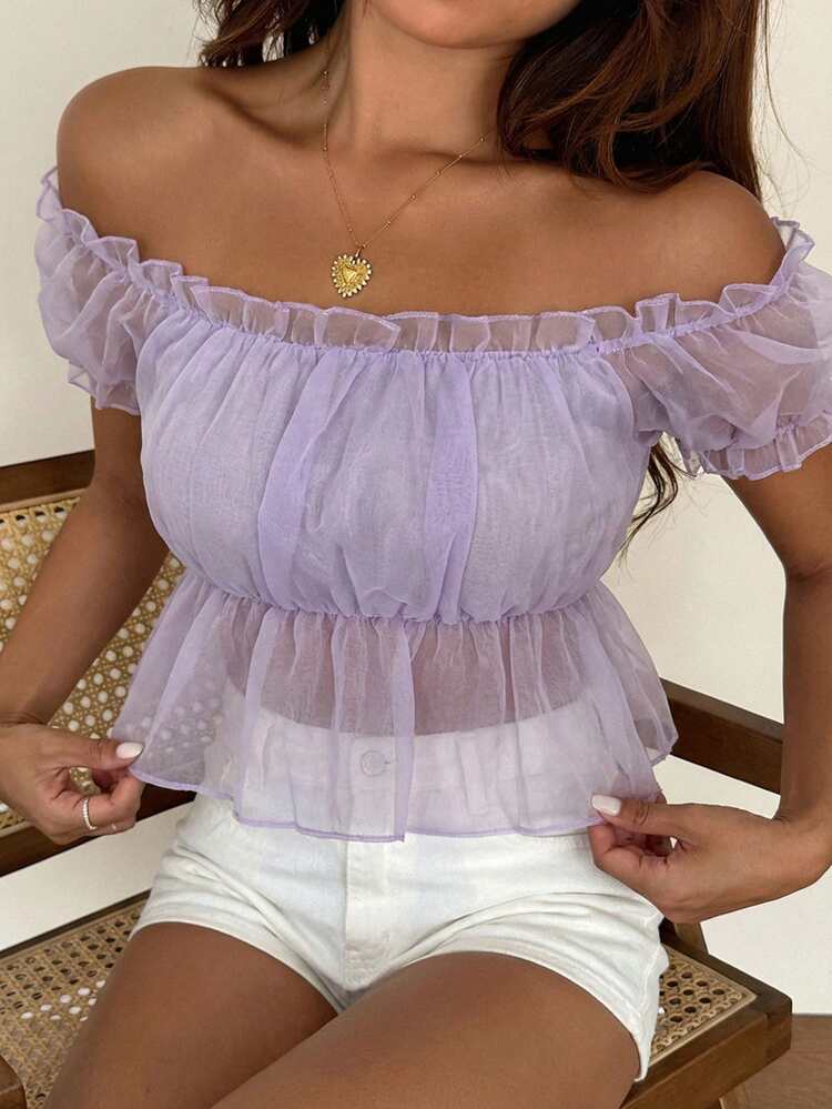 Women's Solid Color Frill Trim Short Petal Sleeve Frill Trim Fitted Semi-Sheer Blouse Babydoll Top