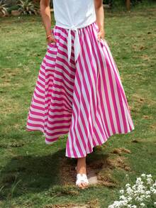SHEIN Essnce Women's Summer Casual Elegant Pink And White Striped Maxi Skirt High Waist A-Line Holiday Beach Vacation Long Skirt With Pockets Women's Skirt Pink White Picnic Skirt - Pink - View 2