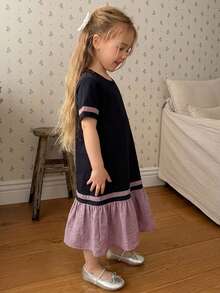 Dazy Kids Young Girl Summer Casual Colorblock Ruffle Hem Loose Dress - Black - View 3