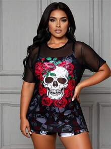 Maweii Plus Size 3pcs/Set Punk Skull & Rose Print Tankini Set With Cover-Up Top, Summer, Halloween - Multicolor - View 3
