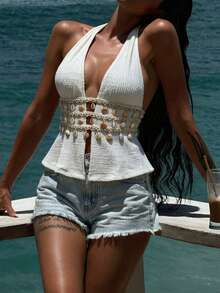 SHEIN SXY Women's White Shell Decor Backless Halter Top, Summer Boho Beach Vacation, Conservative Top For Ladies, Beachwear - Khaki - View 6