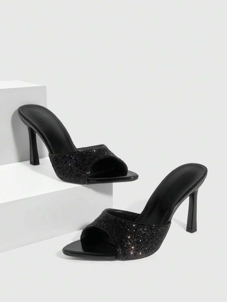 CUCCOO SZL Women Shoes Spring And Summer New Black Glitter One Piece Peep Toe Women's High Heel Sandals Slippers Fashion Comfortable Versatile Sexy Party Women's Sandals Peep Toe Sandals Spring Shoes Prom Heels Summer Shoes