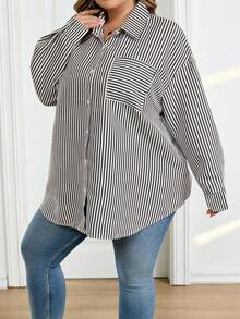 SHEIN CURVE+ 大码女式休闲日常/工作/旅行条纹印花宽松落肩长袖衬衫，春秋季 - 黑與白 - 查看 4