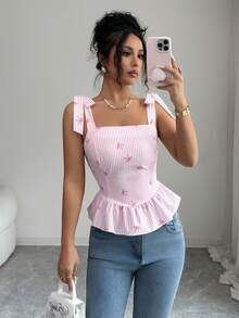 Elenzga Áo hai dây nữ mùa hè kiểu dáng thường ngày, kẻ sọc, nơ, buộc dây, xếp nếp. - Hồng - Xem 5