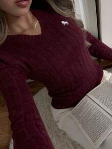 CovetEZ Áo len dài tay đơn giản cổ chữ V màu đỏ tía mùa đông cho nữ, trang phục thường ngày, áo dài tay, áo thun đi học mùa thu đông, áo len Giáng sinh - Màu Đỏ Sâu - Xem 6
