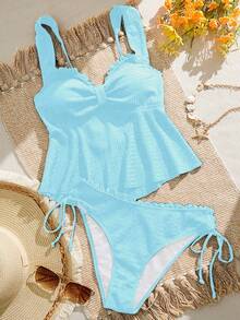 Swim Vcay Bộ bikini và áo hai dây màu trơn có lớp lót và viền hoa trang trí dành cho nữ, thích hợp cho mùa hè đi biển và nghỉ mát. - Màu xanh nhạt - Xem 6