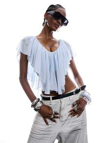LYSMO 2026 New Arrive Minimalism Spring/Summer Women's Solid Color Ruffle Asymmetric Hem Blouse,Summer Top - Baby Blue - View 3
