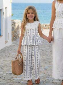 Emery Rose Kids Emery Rose Kids 两件套少女碎花荷叶边休闲上衣和裤子套装，夏季 - 白色 - 查看 1