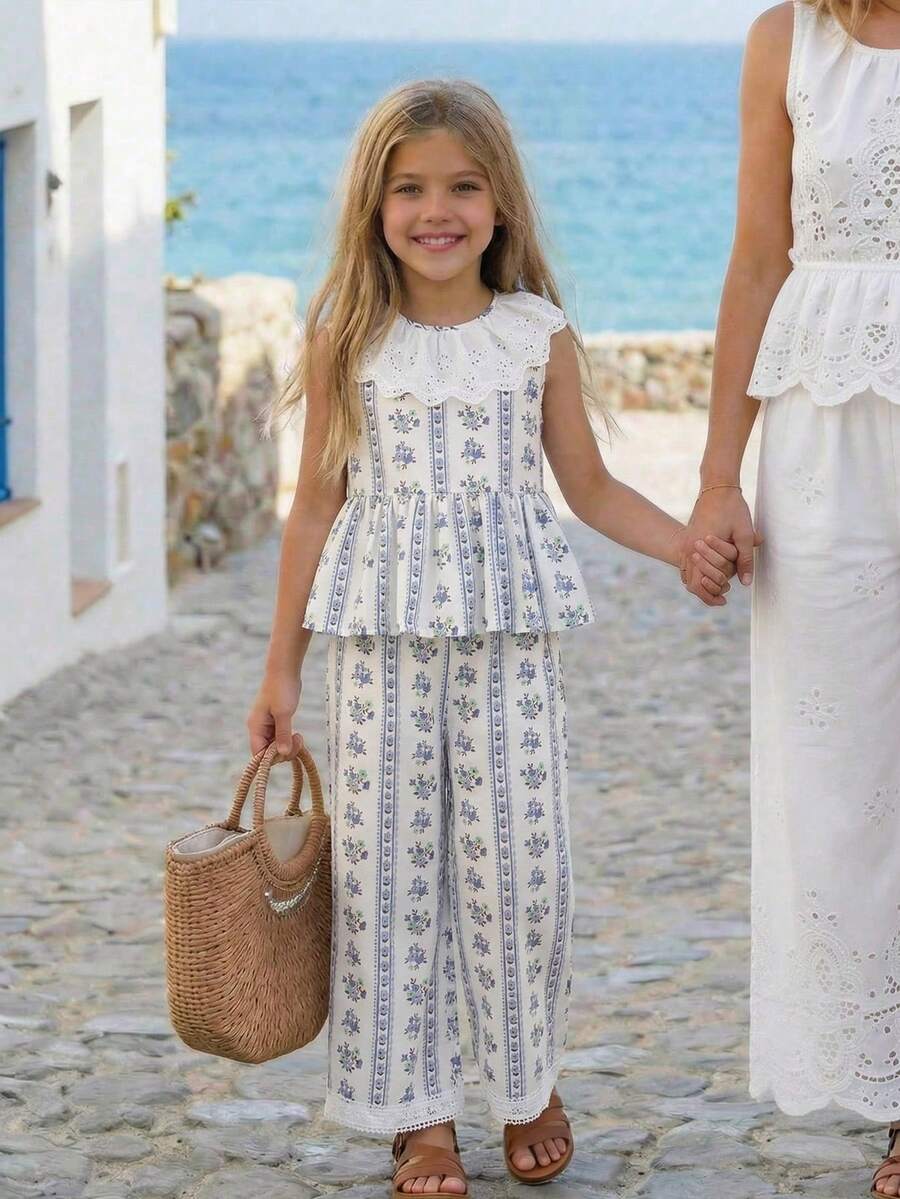 Emery Rose Kids Emery Rose Kids 两件套少女碎花荷叶边休闲上衣和裤子套装，夏季 - 白色 - 查看 1